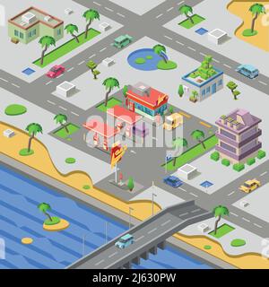 Gas station and city map isometric 3D vector illustration. Isometric cars on petrol station filling fuel at riverside or beach coast town with city pl Stock Vector