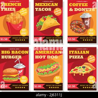 Set of posters in red yellow colors with fast food dishes coffee and donuts isolated vector illustration Stock Vector