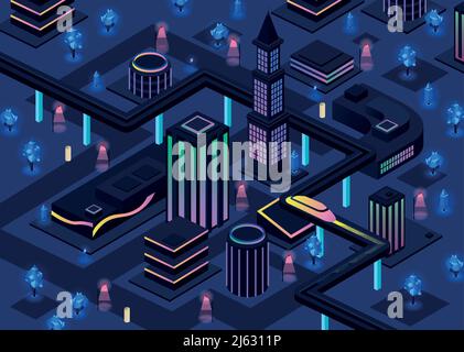 Isometric futuristic night city vector illustration of 3D future urban infrastructure transportation and smart illumination technology. Residential to Stock Vector