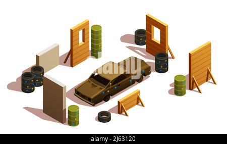 Paintball isometric composition with burned-out car surrounded by barriers and pieces of scenery with shadows vector illustration Stock Vector