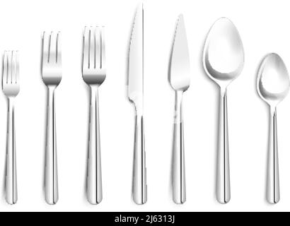 Realistic shiny silverware top view 3d design with forks knives spoons on white background isolated vector illustration Stock Vector