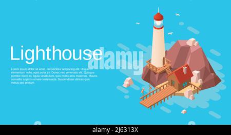 Vector isometric lighthouse on rock stone cliff island with wooden house and pier on blue sea, ocean water background. Illustration with marine naviga Stock Vector