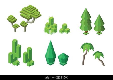 Vector isometric green trees, plants set. Palm, spruce trees, cactus bush, trunk. Forest, park or garden botanical objects, game landscape design, map Stock Vector