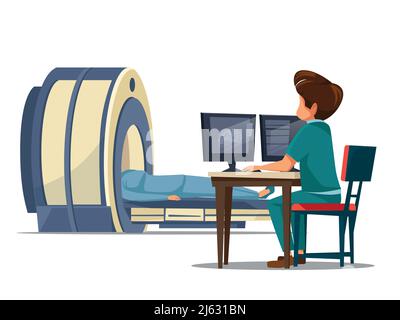 Vector cartoon computer tomography ct or magnetic resonance imaging mri patient scanning concept. Man doctor in medical uniform makes diagnostic tests Stock Vector