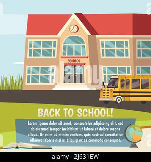 School colored orthogonal concept with back to school description and institution building vector illustration Stock Vector