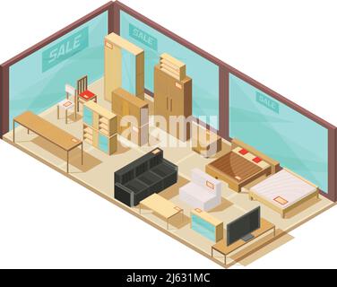 Composition with isometric furniture store with glass walls and wall cabinets tables sofas and double beds vector illustration Stock Vector