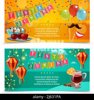Festa junina horizontal banners with garland of flags colored balloons bowl of popcorn and glass of red wine with spices flat vector illustration Stock Vector