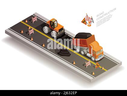 Road construction pit collapse repairs isometric composition with traffic cones signs and road machinery laying asphalt vector illustration Stock Vector