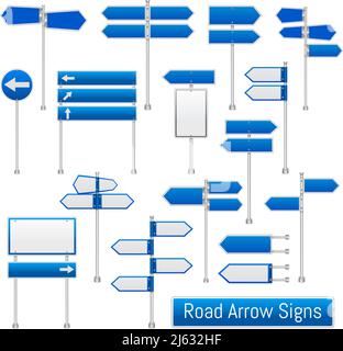 Blue arrow road signs signals realistic traffic regulation  roadsigns collection indicating direction for drivers isolated vector illustration Stock Vector