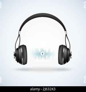 Realistic wireless black earphones with headband on light background with sound wave, audio player sign vector illustration Stock Vector