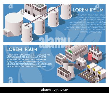 Two horizontal blue isometric banners with factory buildings 3d isolated vector illustration Stock Vector