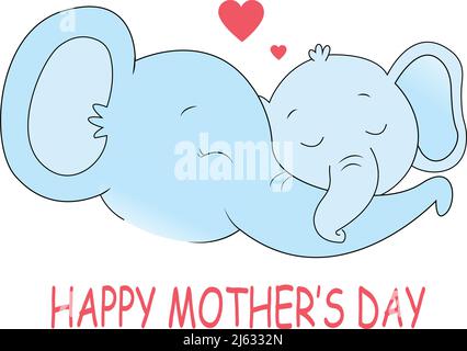 illustration of elephants with closed eyes near happy mothers day lettering on white,stock illustration Stock Vector
