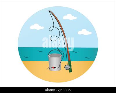illustration of fishing rod near bucket and blue river,stock illustration Stock Vector