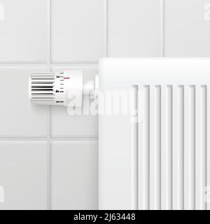 Hot water heating radiator temperature control knob closeup realistic image with tiled wall background vector illustration Stock Vector