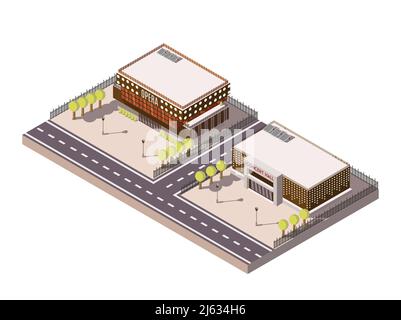 Cinema building isometric composition with road bench and trees vector ...