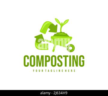 Composting, recycling, wheelbarrow with soil and sprout, logo design. Agriculture, farming, compost and ​composted soil cycle, vector design and illus Stock Vector