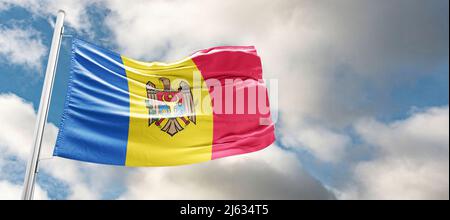 Flag of Moldova The national flag of the Republic of Moldova (Romanian: Drapelul Moldovei) is a vertical triband of blue, yellow, and red, charged wit Stock Photo