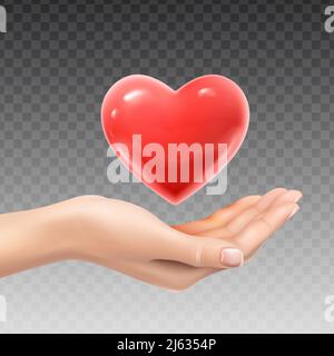 realistic icon illustration. Hand holding red heart. Isolated on transparent background. Stock Vector