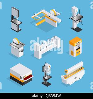 Modern automated woodworking machinery set of equipment for grinding drilling clipping cutting  isometric vector illustration Stock Vector
