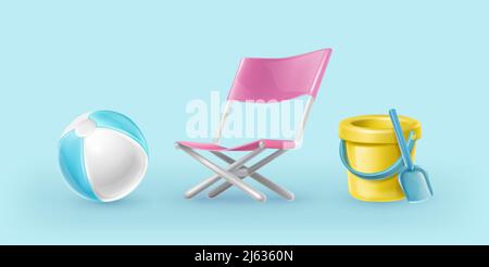 realistic vector icons. Summer set of chair, sand yellow plastic bucket with spade. Stock Vector