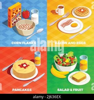 Cooking icons isometric design concept with realistic dishes flatware with various breakfast food and drinks images vector illustration Stock Vector