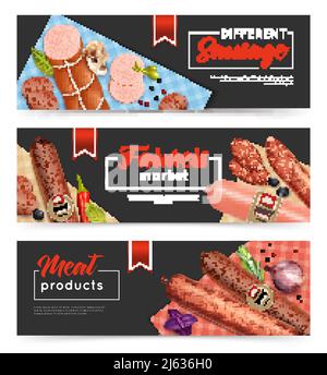 Realistic sausage horizontal banners set with shopping symbols isolated vector illustration Stock Vector