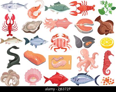 Seafood dinner menu items flat icons big set with crab crayfish oyster mollusk tuna salmon vector illustration Stock Vector