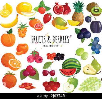 Mediterranean fruits and fresh farmers market berries mix colorful 30 icons composition white background poster vector illustration Stock Vector