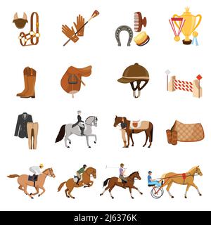 Equestrian sport set of flat icons with trotters, horse gear, care objects, riders, trophies isolated vector illustration Stock Vector