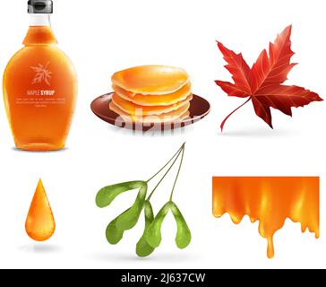 Maple syrup set with product in bottle, droplet, flowing nectar, leaf and seeds, pancakes isolated vector illustration Stock Vector