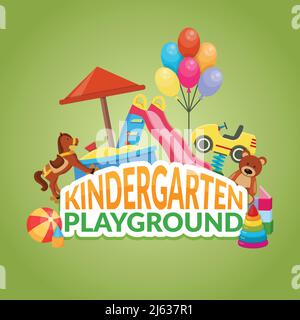Playground elements of kindergarten flat composition with colorful toys, sandbox, slide, swings on green background vector illustration Stock Vector