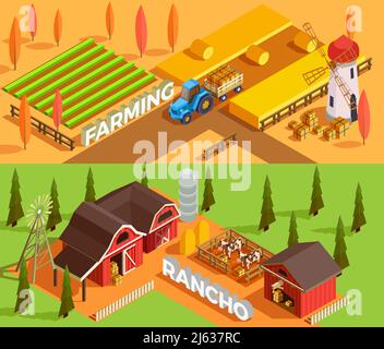 Isometric horizontal farm banners with farmhouses agricultural vehicles domestic animals and mills 3d isolated vector illustration Stock Vector