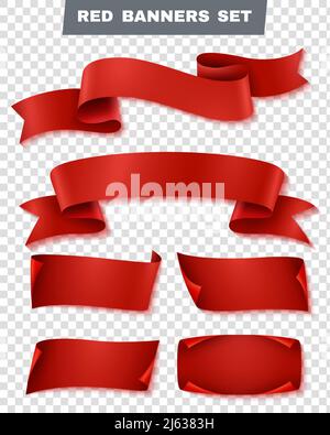 Realistic red paper banner transparent icon set with different types sizes and styles banners vector illustration Stock Vector