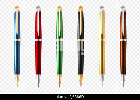 Colored and realistic business pen transparent icon set multicolored premium quality style with bright vector illustration Stock Vector