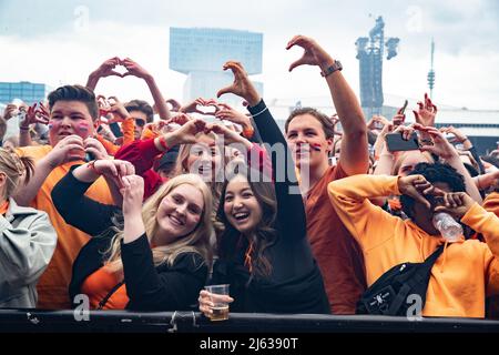 2022-04-27 13:59:22 AMSTERDAM - Festival visitors during Kingsland Festival in the RAI. It is the first time since 2019 that Kingsland can continue again. ANP PAUL BERGEN netherlands out - belgium out Stock Photo