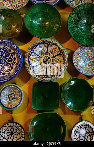 Unique Moroccan utensils art dishes on Street Market in the Medina Stock Photo