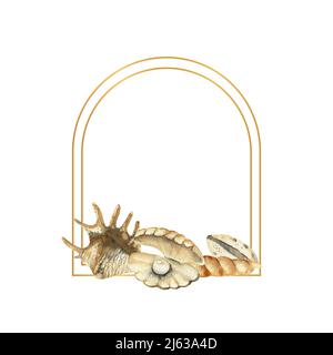 Hand-drawn Gold frame with shells, beach illustration. Watercolor ...
