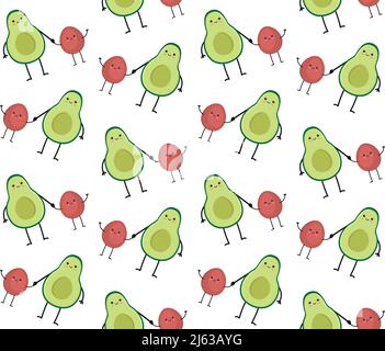 Vector seamless pattern of flat hand drawn avocado mom and baby isolated on white background Stock Vector