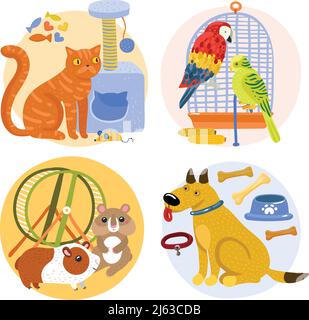 Pets design concept including cat with toy, parrots near birdcage, rodents, dog with bones isolated vector illustration Stock Vector