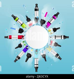 Colored realistic vaping frame background with big white circle at the center of composition and light blue fond vector illustration Stock Vector