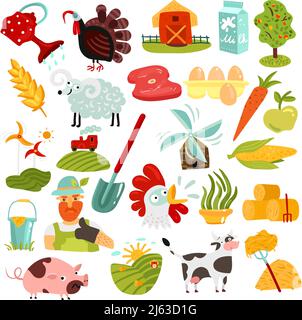 Set of farm elements with green fields and hay, harvest, animals, windmills, fresh products isolated vector illustration Stock Vector