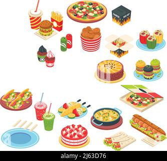 Fast food isometric icons set with pizza grilled potato hamburger  hot dog cake and other meals of quick cooking isolated vector illustration Stock Vector