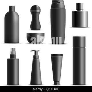 Set of realistic mens cosmetics in black packaging including cream, shampoo, deodorant, perfume, soap isolated vector illustration Stock Vector