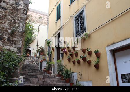 stairs and flat building in taormina in sicily (italy) Stock Photo