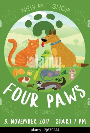 Pet shop advertising poster with paw prints, cat and dog, fishes, rodents on green background vector illustration Stock Vector