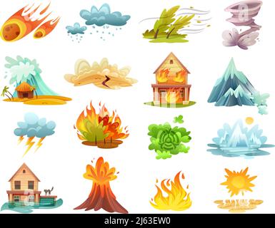 Natural disasters cartoon set of  icons with fires, tsunami, flood, volcano eruption, ice melting isolated vector illustration Stock Vector