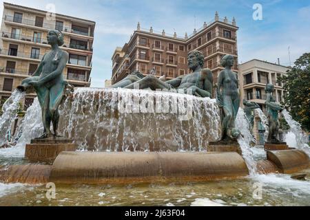 Valencia Fountain Rio Turia on Square of the Virgin Saint Mary, Stock Photo