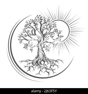 Tattoo of Tree of Life Esoteric Drawn in Engraving Style isolated on white. Vector Illustration. Stock Vector