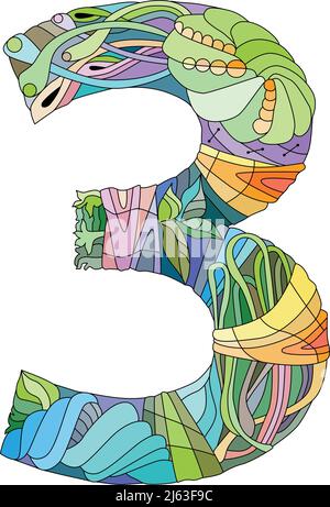 Three number Isolated zentangle illustration for decoration Stock Vector
