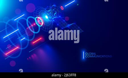 Satellite communications abstract banner. Satellite in space transmit wireless signal of global internet. Artificial earth satellite with solar panels Stock Vector